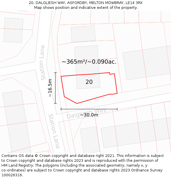 20, DALGLIESH WAY, ASFORDBY, MELTON MOWBRAY, LE14 3RX: Plot and title map