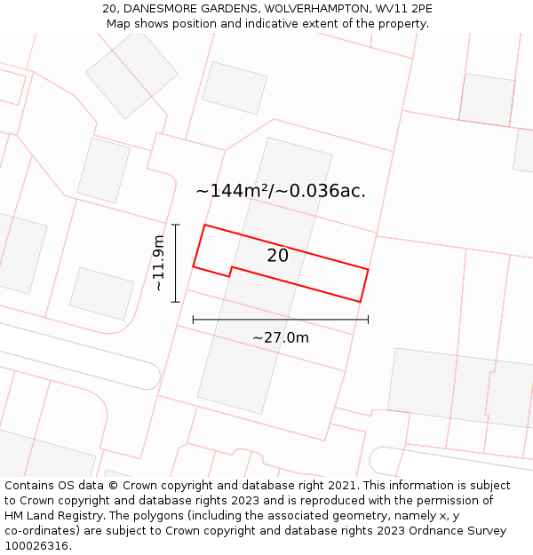 20, DANESMORE GARDENS, WOLVERHAMPTON, WV11 2PE: Plot and title map