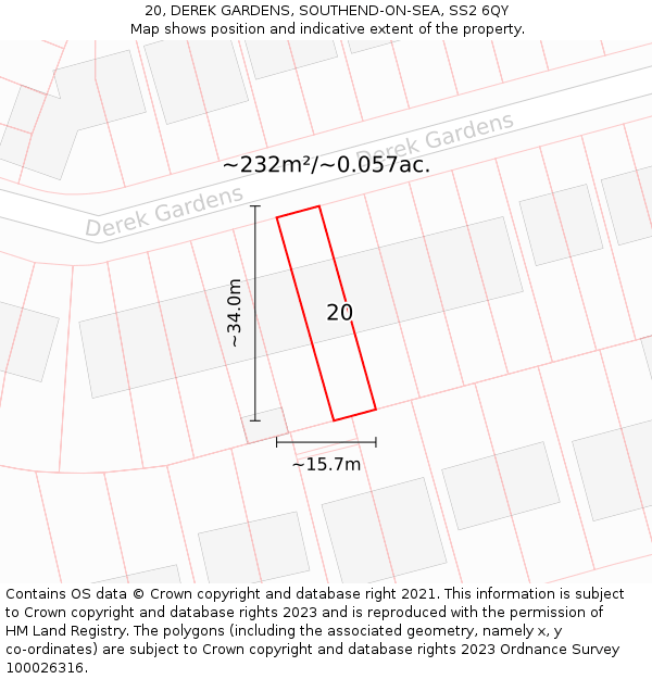 20, DEREK GARDENS, SOUTHEND-ON-SEA, SS2 6QY: Plot and title map