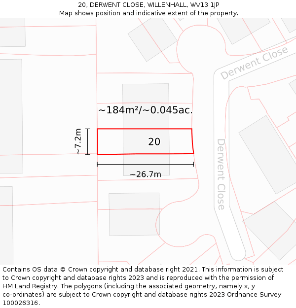 20, DERWENT CLOSE, WILLENHALL, WV13 1JP: Plot and title map