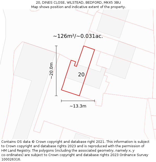 20, DINES CLOSE, WILSTEAD, BEDFORD, MK45 3BU: Plot and title map