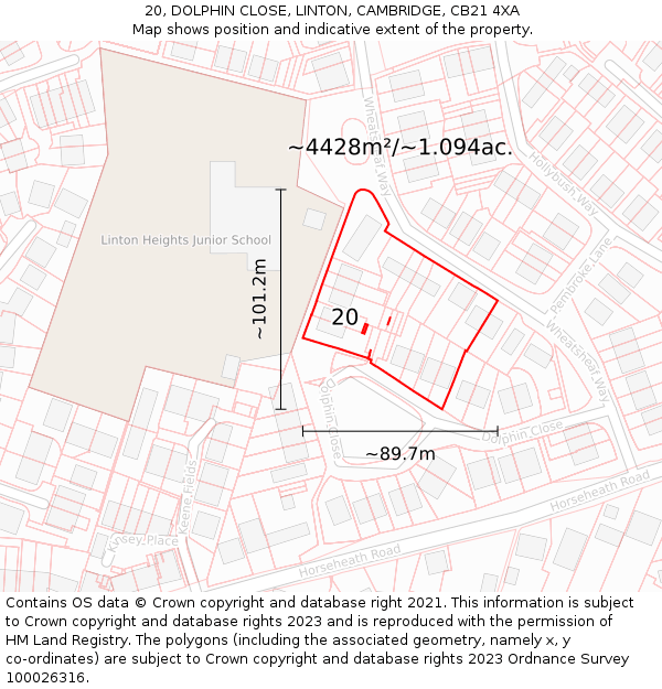 20, DOLPHIN CLOSE, LINTON, CAMBRIDGE, CB21 4XA: Plot and title map