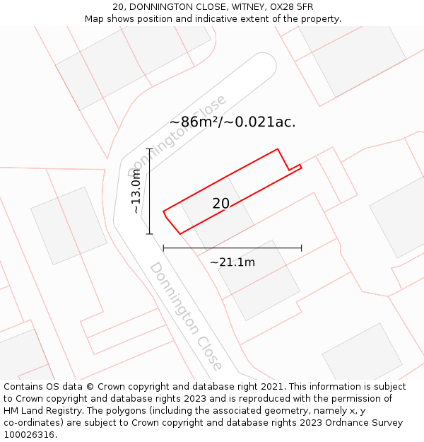 20, DONNINGTON CLOSE, WITNEY, OX28 5FR: Plot and title map