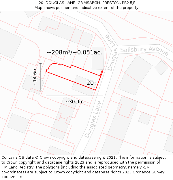 20, DOUGLAS LANE, GRIMSARGH, PRESTON, PR2 5JF: Plot and title map