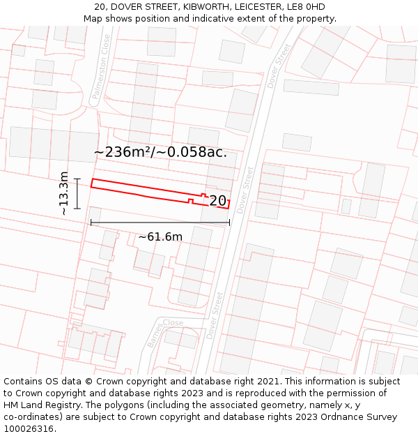 20, DOVER STREET, KIBWORTH, LEICESTER, LE8 0HD: Plot and title map