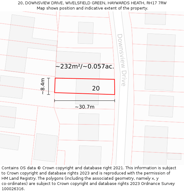 20, DOWNSVIEW DRIVE, WIVELSFIELD GREEN, HAYWARDS HEATH, RH17 7RW: Plot and title map