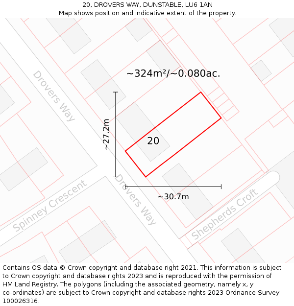 20, DROVERS WAY, DUNSTABLE, LU6 1AN: Plot and title map