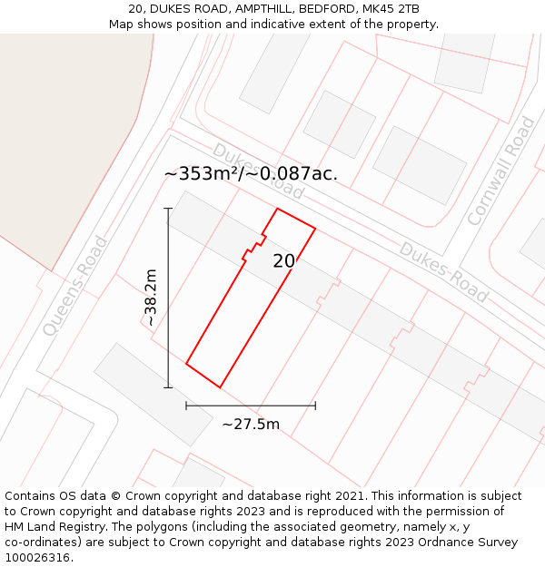 20, DUKES ROAD, AMPTHILL, BEDFORD, MK45 2TB: Plot and title map