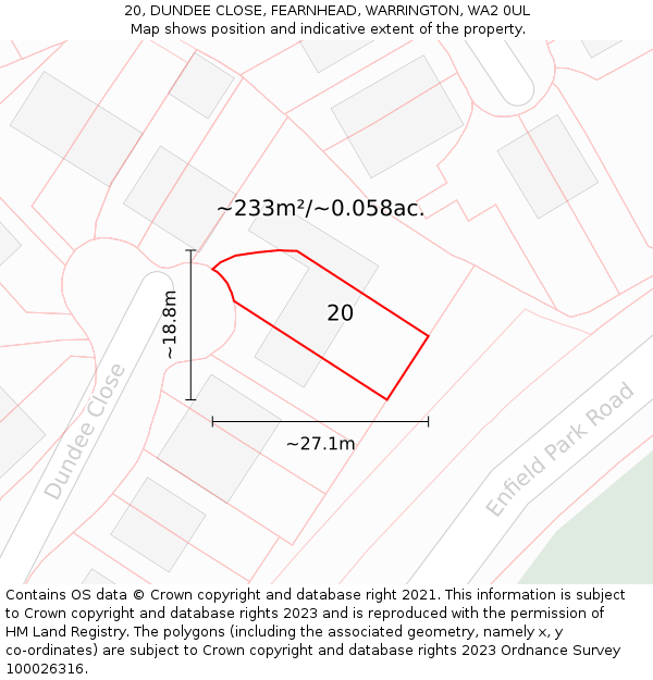 20, DUNDEE CLOSE, FEARNHEAD, WARRINGTON, WA2 0UL: Plot and title map