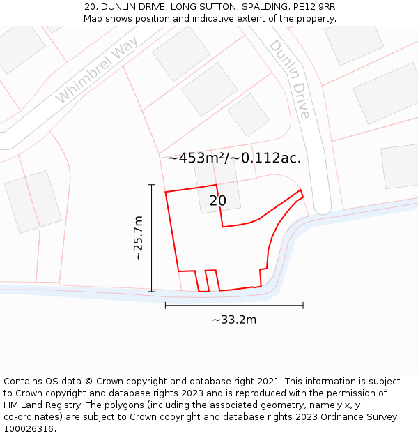 20, DUNLIN DRIVE, LONG SUTTON, SPALDING, PE12 9RR: Plot and title map