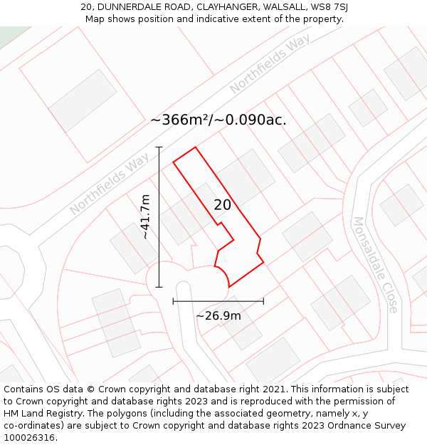 20, DUNNERDALE ROAD, CLAYHANGER, WALSALL, WS8 7SJ: Plot and title map
