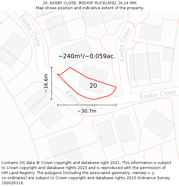 20, EASBY CLOSE, BISHOP AUCKLAND, DL14 0RX: Plot and title map