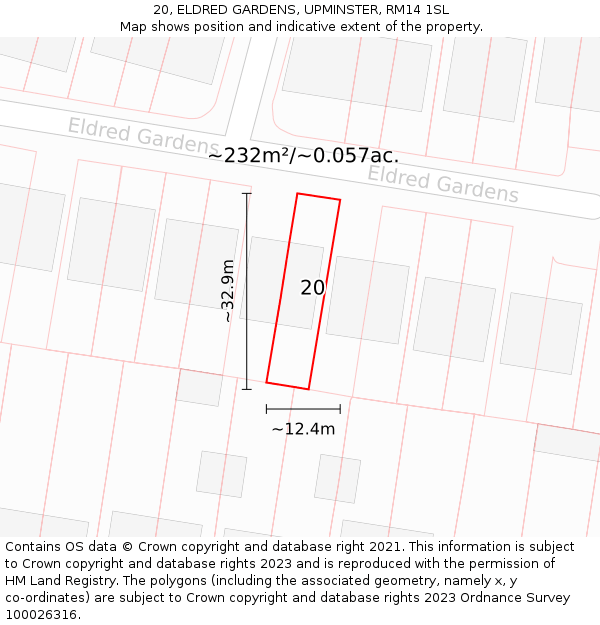 20, ELDRED GARDENS, UPMINSTER, RM14 1SL: Plot and title map