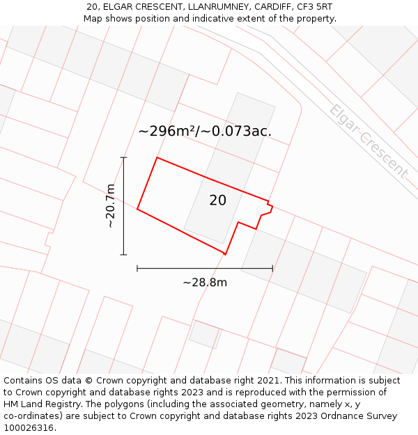 20, ELGAR CRESCENT, LLANRUMNEY, CARDIFF, CF3 5RT: Plot and title map