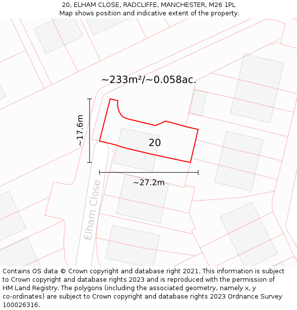 20, ELHAM CLOSE, RADCLIFFE, MANCHESTER, M26 1PL: Plot and title map