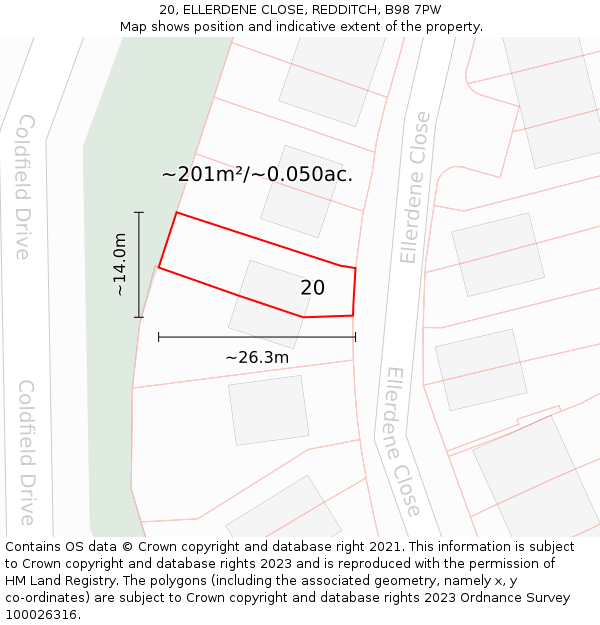 20, ELLERDENE CLOSE, REDDITCH, B98 7PW: Plot and title map
