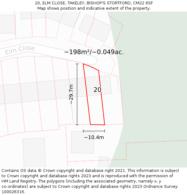 20, ELM CLOSE, TAKELEY, BISHOP'S STORTFORD, CM22 6SF: Plot and title map
