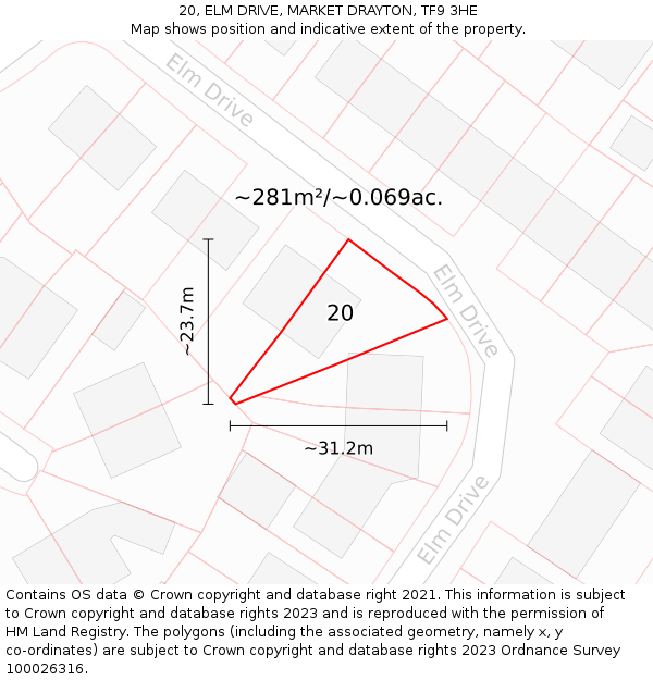 20, ELM DRIVE, MARKET DRAYTON, TF9 3HE: Plot and title map