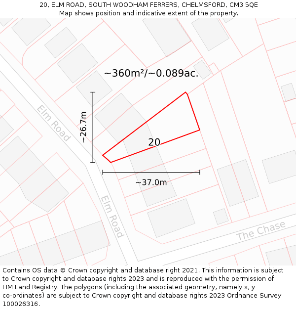 20, ELM ROAD, SOUTH WOODHAM FERRERS, CHELMSFORD, CM3 5QE: Plot and title map
