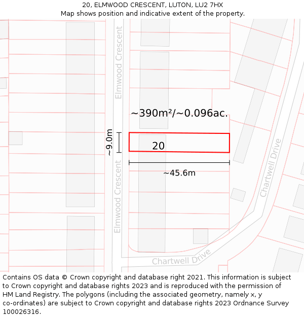 20, ELMWOOD CRESCENT, LUTON, LU2 7HX: Plot and title map