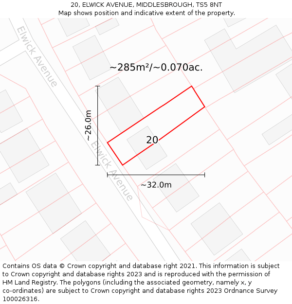 20, ELWICK AVENUE, MIDDLESBROUGH, TS5 8NT: Plot and title map