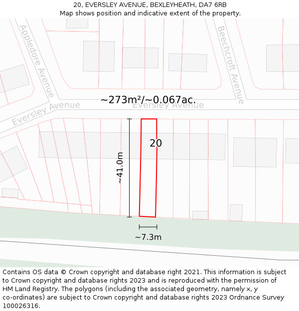 20, EVERSLEY AVENUE, BEXLEYHEATH, DA7 6RB: Plot and title map