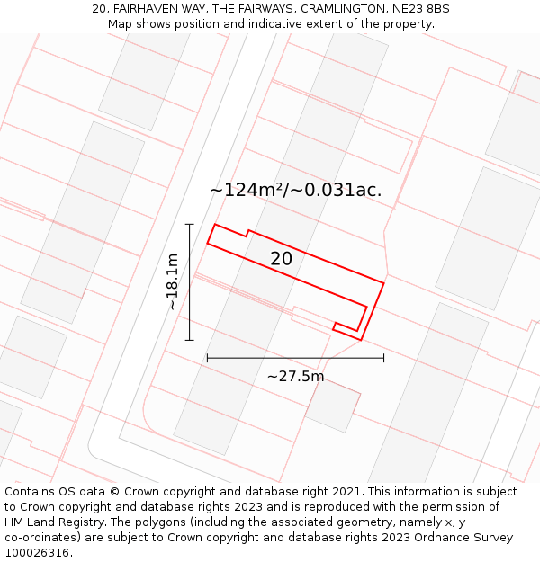 20, FAIRHAVEN WAY, THE FAIRWAYS, CRAMLINGTON, NE23 8BS: Plot and title map