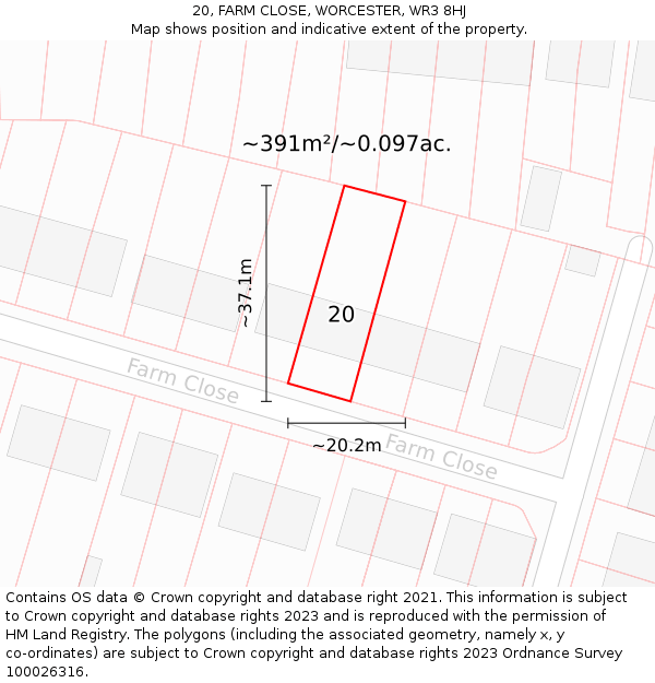 20, FARM CLOSE, WORCESTER, WR3 8HJ: Plot and title map