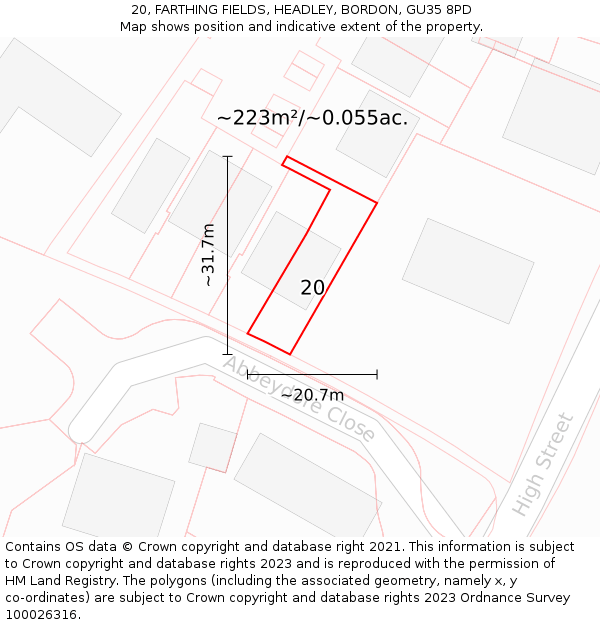 20, FARTHING FIELDS, HEADLEY, BORDON, GU35 8PD: Plot and title map