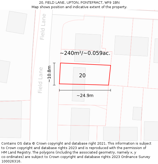 20, FIELD LANE, UPTON, PONTEFRACT, WF9 1BN: Plot and title map