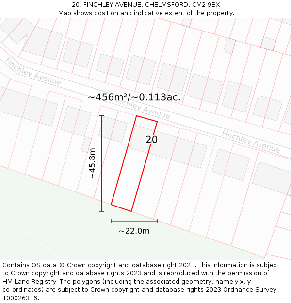 20, FINCHLEY AVENUE, CHELMSFORD, CM2 9BX: Plot and title map