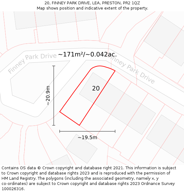 20, FINNEY PARK DRIVE, LEA, PRESTON, PR2 1QZ: Plot and title map