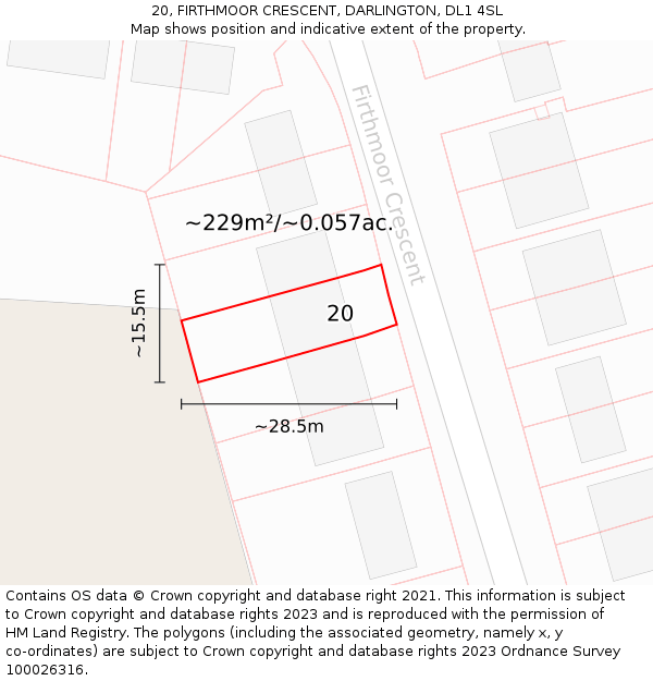 20, FIRTHMOOR CRESCENT, DARLINGTON, DL1 4SL: Plot and title map