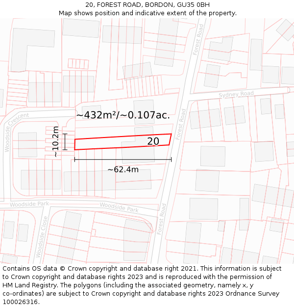 20, FOREST ROAD, BORDON, GU35 0BH: Plot and title map