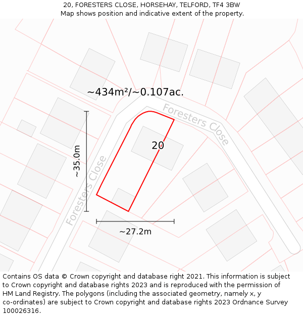 20, FORESTERS CLOSE, HORSEHAY, TELFORD, TF4 3BW: Plot and title map