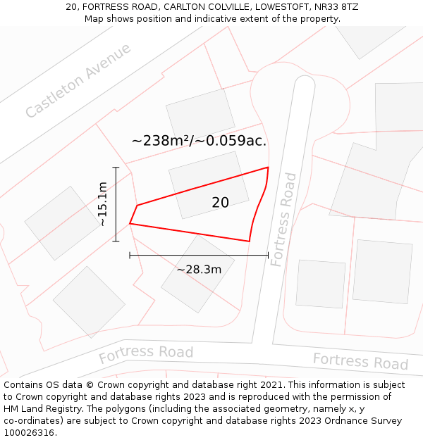 20, FORTRESS ROAD, CARLTON COLVILLE, LOWESTOFT, NR33 8TZ: Plot and title map