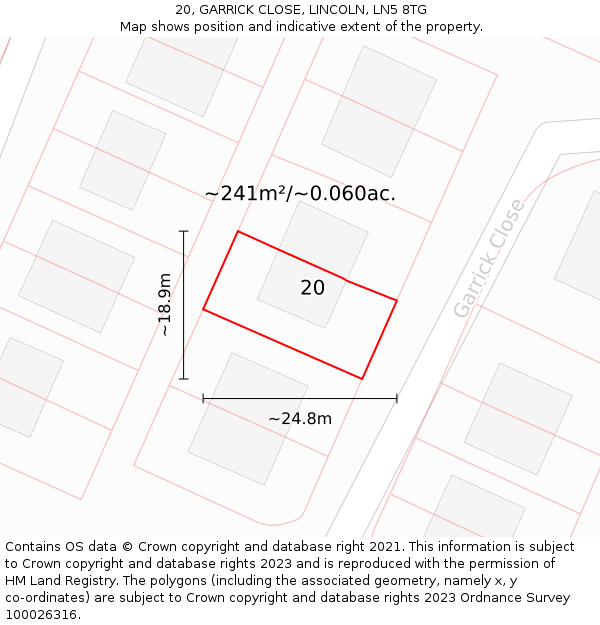 20, GARRICK CLOSE, LINCOLN, LN5 8TG: Plot and title map