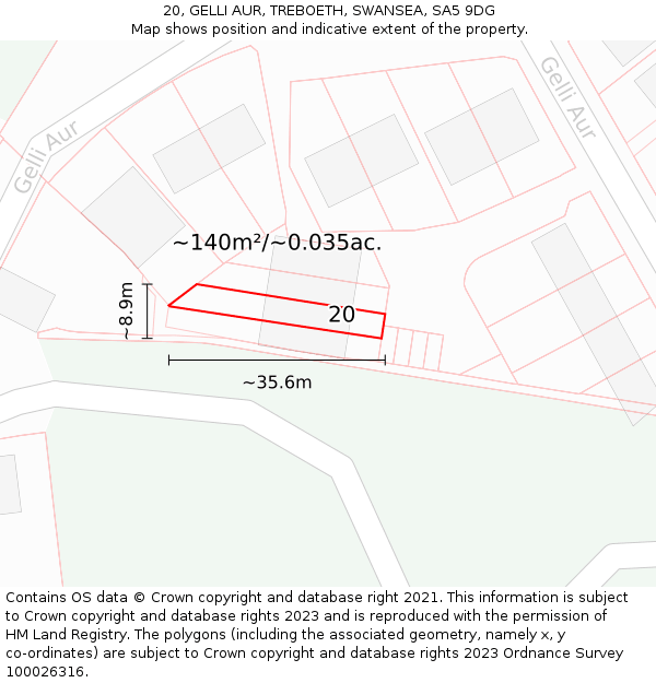 20, GELLI AUR, TREBOETH, SWANSEA, SA5 9DG: Plot and title map