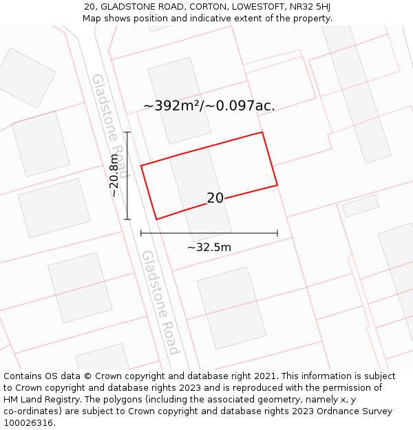 20, GLADSTONE ROAD, CORTON, LOWESTOFT, NR32 5HJ: Plot and title map