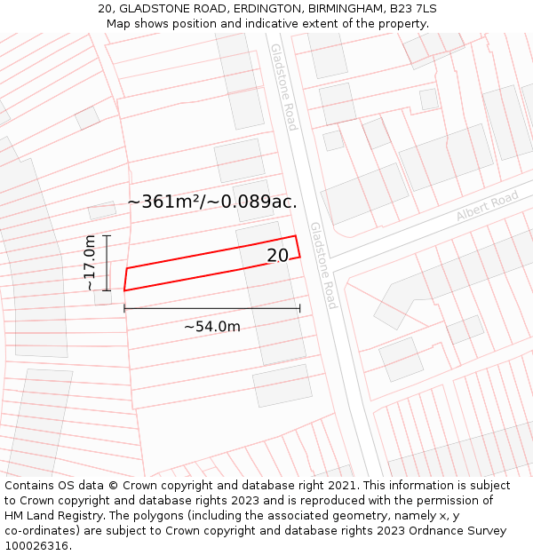 20, GLADSTONE ROAD, ERDINGTON, BIRMINGHAM, B23 7LS: Plot and title map