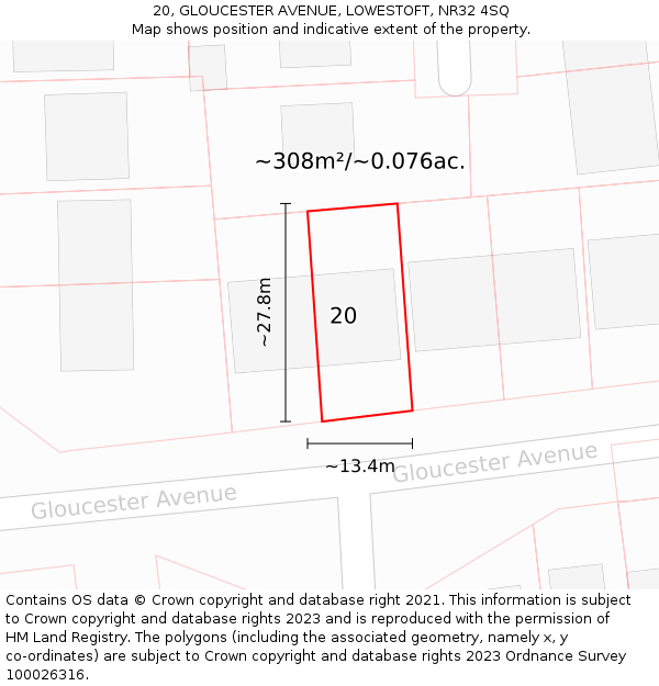 20, GLOUCESTER AVENUE, LOWESTOFT, NR32 4SQ: Plot and title map