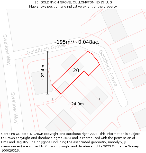 20, GOLDFINCH GROVE, CULLOMPTON, EX15 1UG: Plot and title map