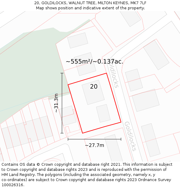 20, GOLDILOCKS, WALNUT TREE, MILTON KEYNES, MK7 7LF: Plot and title map