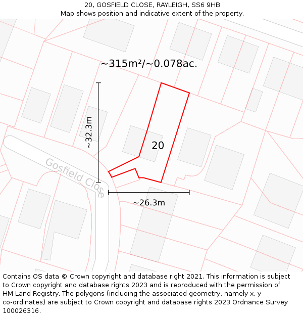 20, GOSFIELD CLOSE, RAYLEIGH, SS6 9HB: Plot and title map