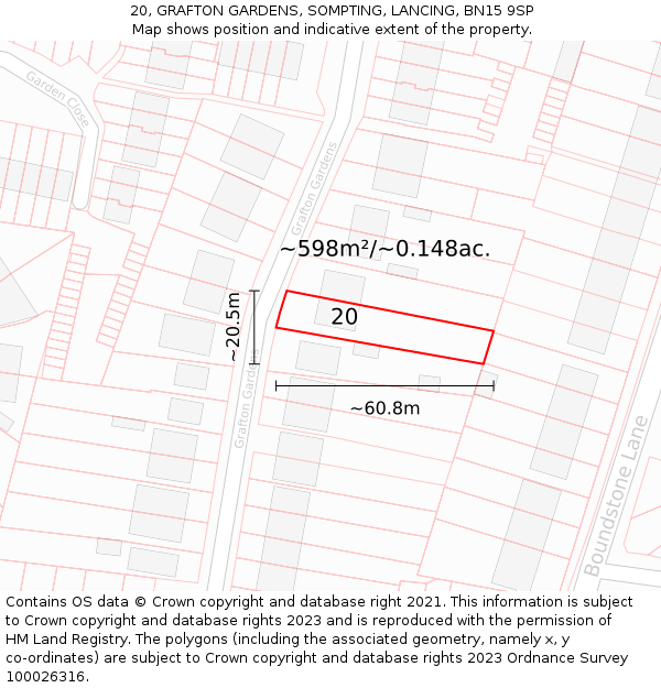 20, GRAFTON GARDENS, SOMPTING, LANCING, BN15 9SP: Plot and title map