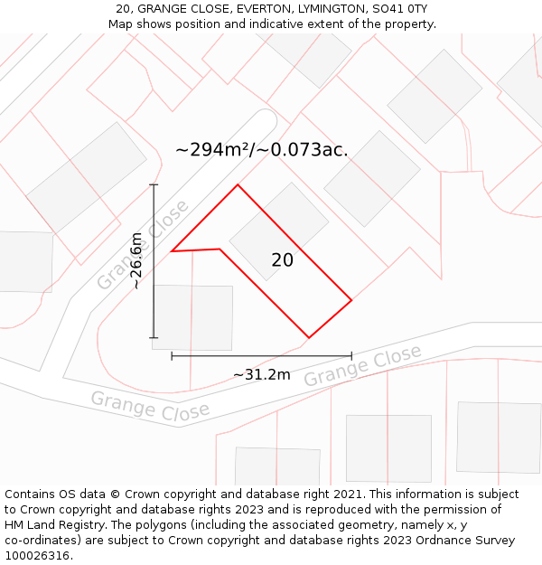 20, GRANGE CLOSE, EVERTON, LYMINGTON, SO41 0TY: Plot and title map
