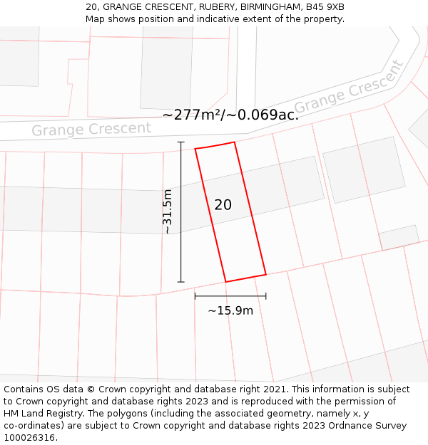 20, GRANGE CRESCENT, RUBERY, BIRMINGHAM, B45 9XB: Plot and title map