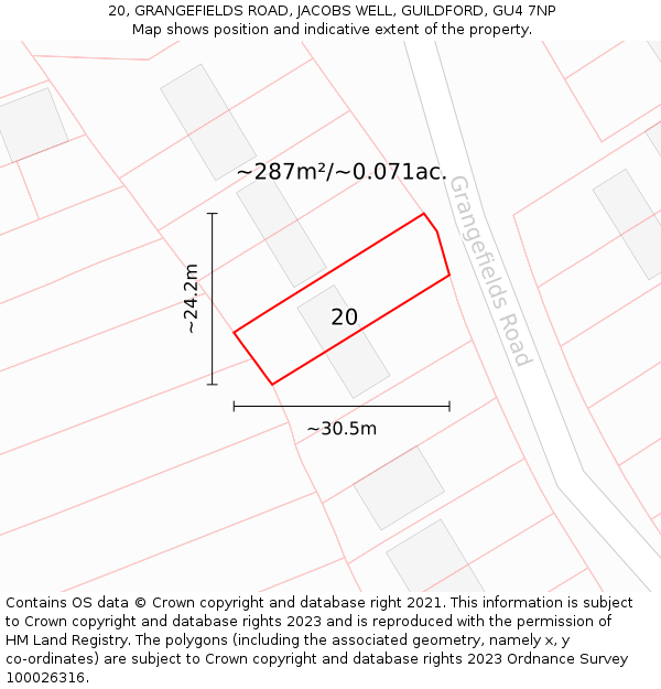 20, GRANGEFIELDS ROAD, JACOBS WELL, GUILDFORD, GU4 7NP: Plot and title map