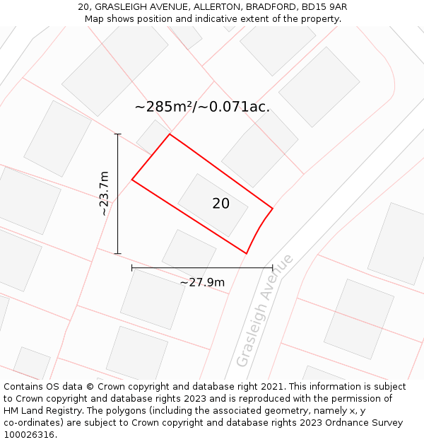 20, GRASLEIGH AVENUE, ALLERTON, BRADFORD, BD15 9AR: Plot and title map