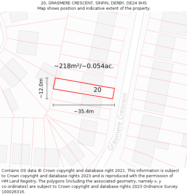 20, GRASMERE CRESCENT, SINFIN, DERBY, DE24 9HS: Plot and title map